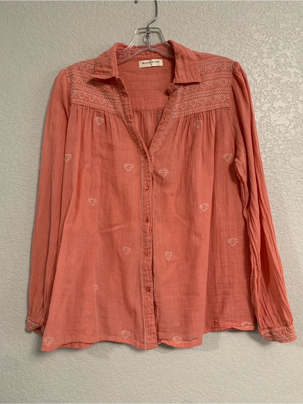 Maison Hotel Shirt Top Blouse Womens L Embroidered Heart Lightweight Boho Coral